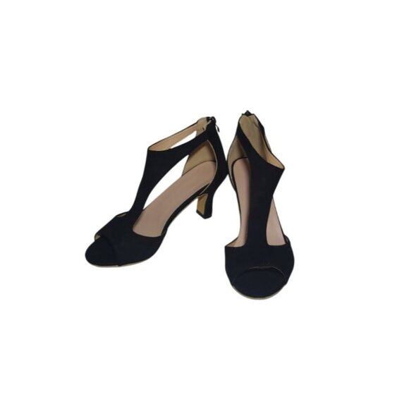 Women's black open toe mid heel sandals with zipper closure and cut out design. - Picture 7 of 9